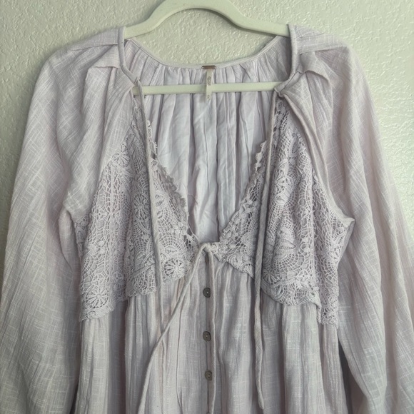 Free People Summer Struttin' Crochet Puff Sleeve Cute Mini Dress in Bubble Bath - Picture 4 of 5